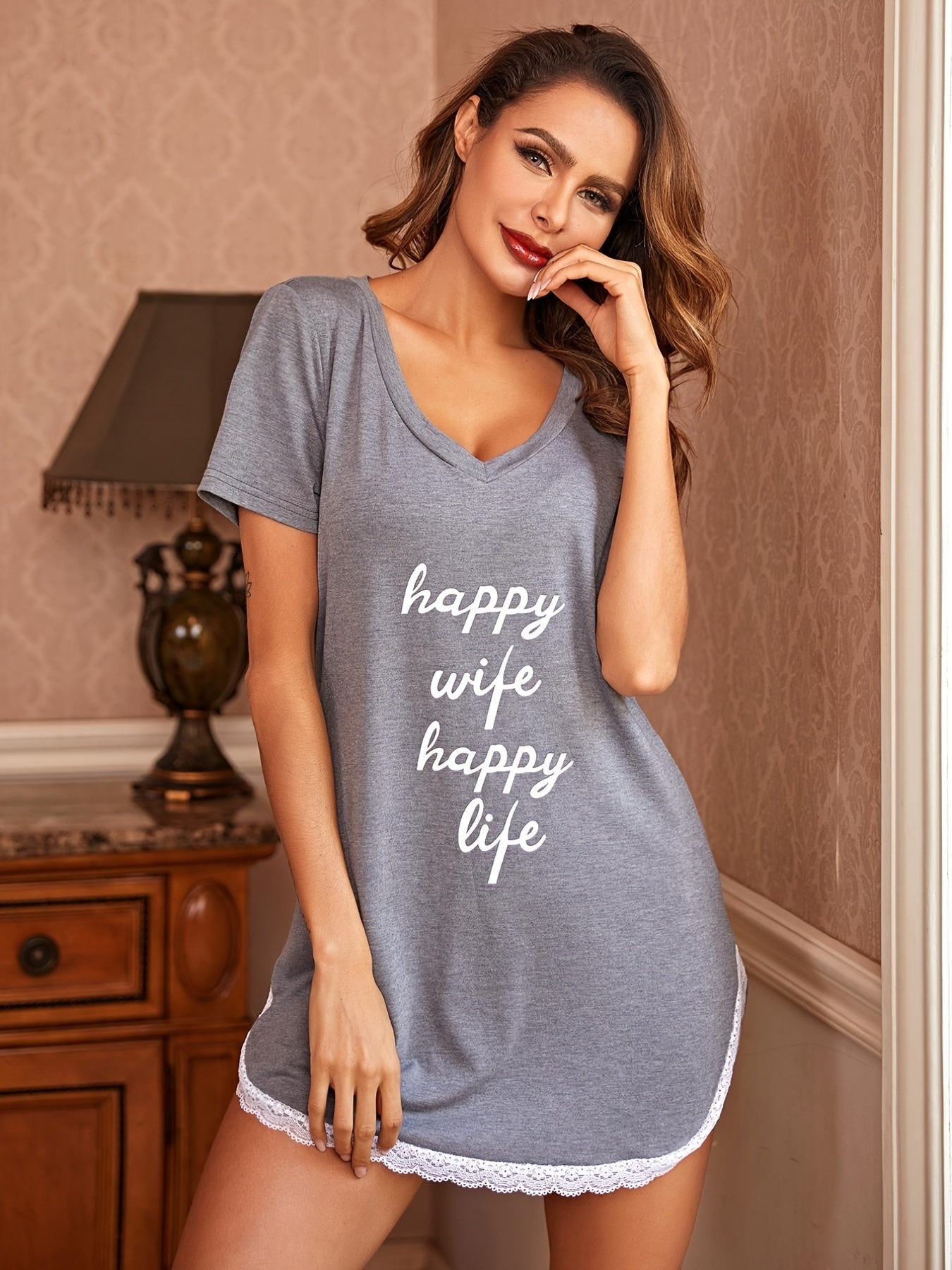 [Sexy Nightgown] Soft Gray V-Neck Nightgown | Women's Sexy Letter Print with Lace Trim - "Happy Wife Happy Life" Design, Comfortable Home Wear, Cozy Sleepwear, Playful Design