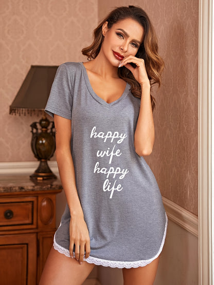 [Sexy Nightgown] Soft Gray V-Neck Nightgown | Women's Sexy Letter Print with Lace Trim - "Happy Wife Happy Life" Design, Comfortable Home Wear, Cozy Sleepwear, Playful Design
