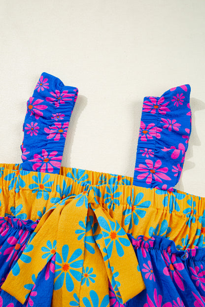 Blue Floral Colorblock Flutter Straps Flowy Tank Top