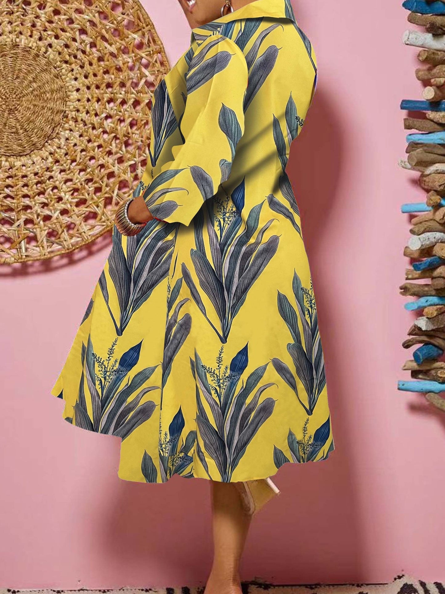 Plant Print Button Front Dress, Casual Long Sleeve Midi Dress, Women's Clothing