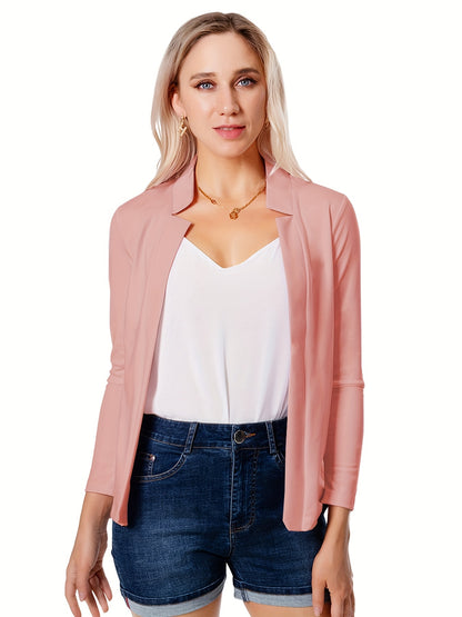 Solid Open Front Blazer, Casual Long Sleeve Blazer For Office & Work, Women's Clothing