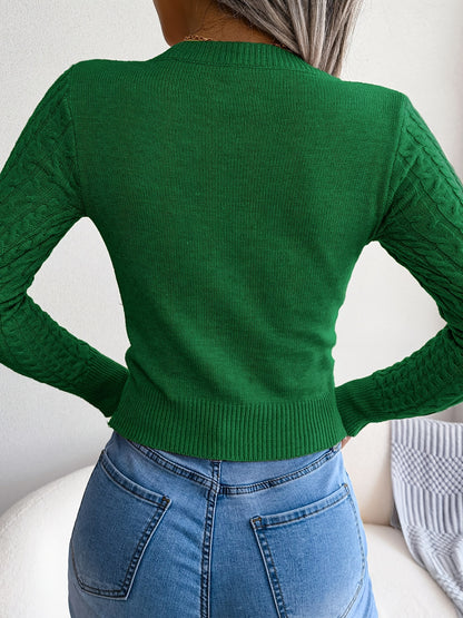 Women'S Sexy Hollow-Out Knit Pullover Sweater, Long Sleeve Crew Neck, Skinny Fit, Acrylic Blend (Polyester 28%, Polyamide 22%, Viscose 28%), High Stretch Fabric, Solid Color, Spring/Fall Fashion Top