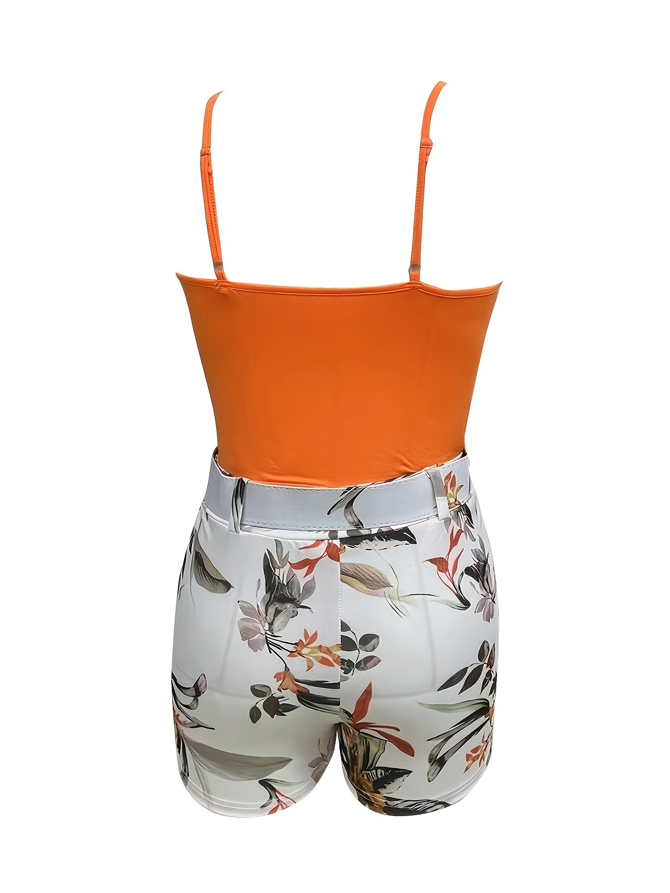 Chic Womens Floral Print Two-piece Outfit - Lightweight & Comfortable Casual Set with Surplice Cami Top & Belted Shorts for Spring & Summer