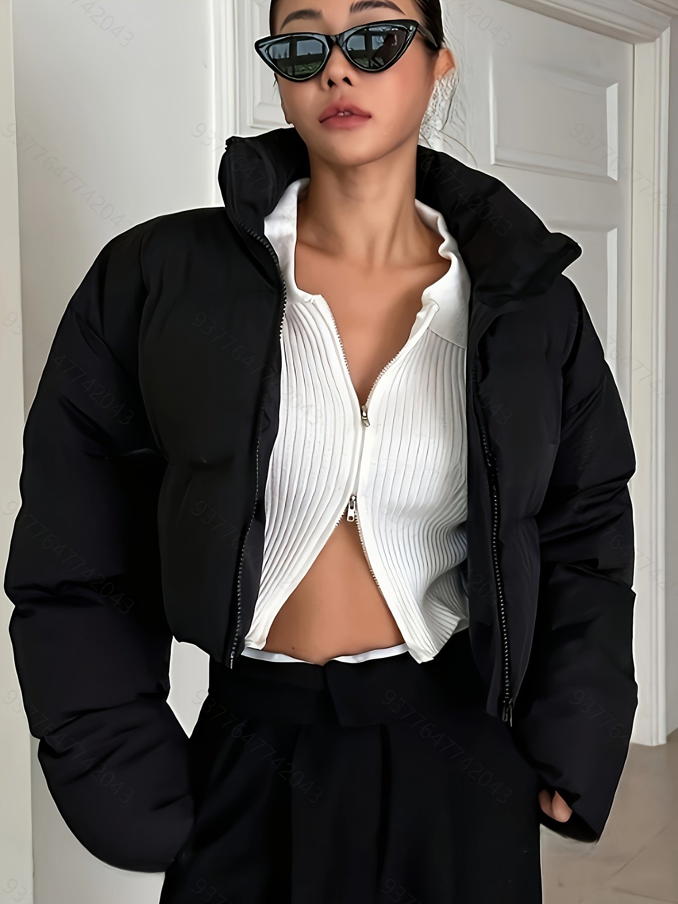 [Warm Puffer Jacket] Warm Women's Puffer Jacket | Cropped, Long Sleeve, Solid Color Black, Nylon Outerwear with Drawstring & Zipper, Machine Washable, Glossy Finish, Fashion Commute Style, Winter Jacket