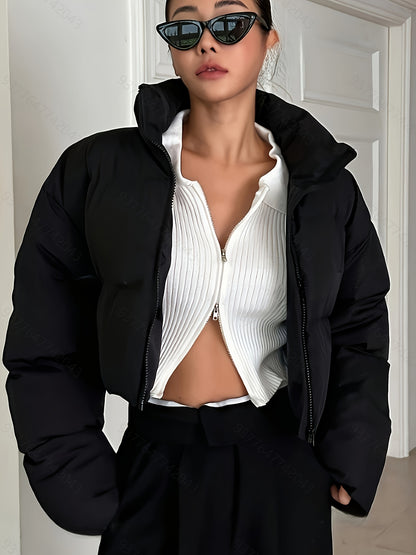 [Warm Puffer Jacket] Warm Women's Puffer Jacket | Cropped, Long Sleeve, Solid Color Black, Nylon Outerwear with Drawstring & Zipper, Machine Washable, Glossy Finish, Fashion Commute Style, Winter Jacket