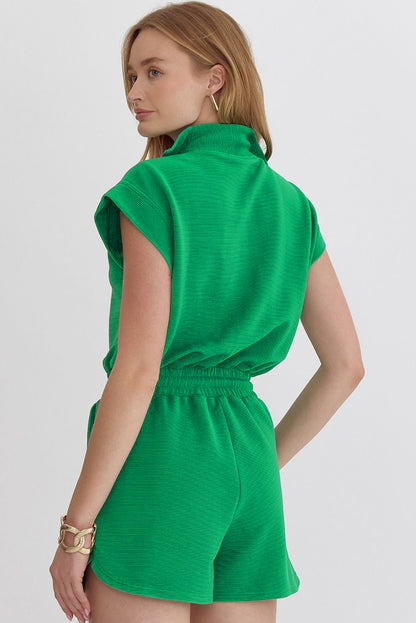 Bright Green Textured Short Sleeve Half Zip Drawstring Elastic Waistband Romper