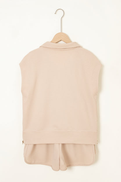 Parchment Textured Half Zip Kangaroo Pocket Top Drawstring Shorts Set