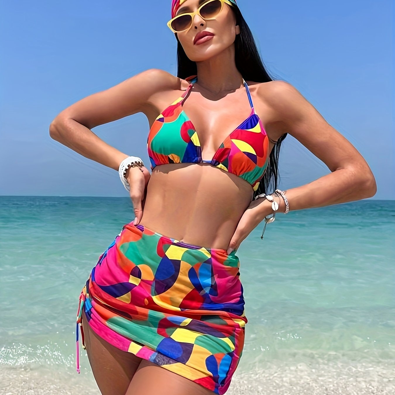 1set Women'S Geometric-Patterned Bikini Set, High Stretch Polyester Knit Fabric, 82% Polyester 18% Elastane, Colorful Printed Two-Piece Swimsuit with Lace-Up Detail