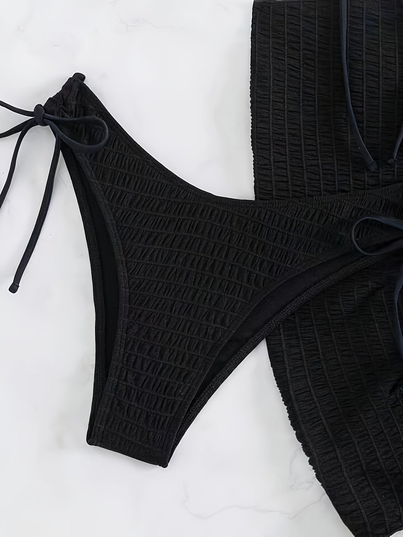 Solid Color Fashion 3 Piece Set Bikini, Halter Neck Lettuce Trim Tie Side High Cut With Cover Up Skirt Swimsuits, Women's Swimwear & Clothing