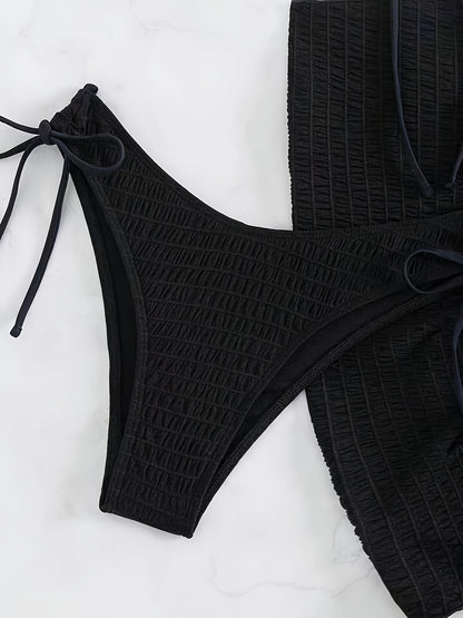 Solid Color Fashion 3 Piece Set Bikini, Halter Neck Lettuce Trim Tie Side High Cut With Cover Up Skirt Swimsuits, Women's Swimwear & Clothing