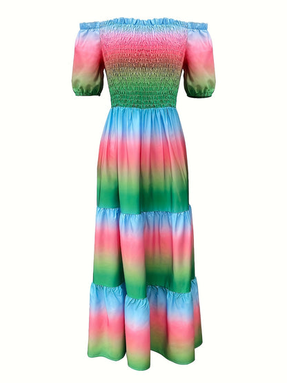 Gradient Print Tiered Dress, Casual Off Shoulder Shirred Party Dress, Women's Clothing