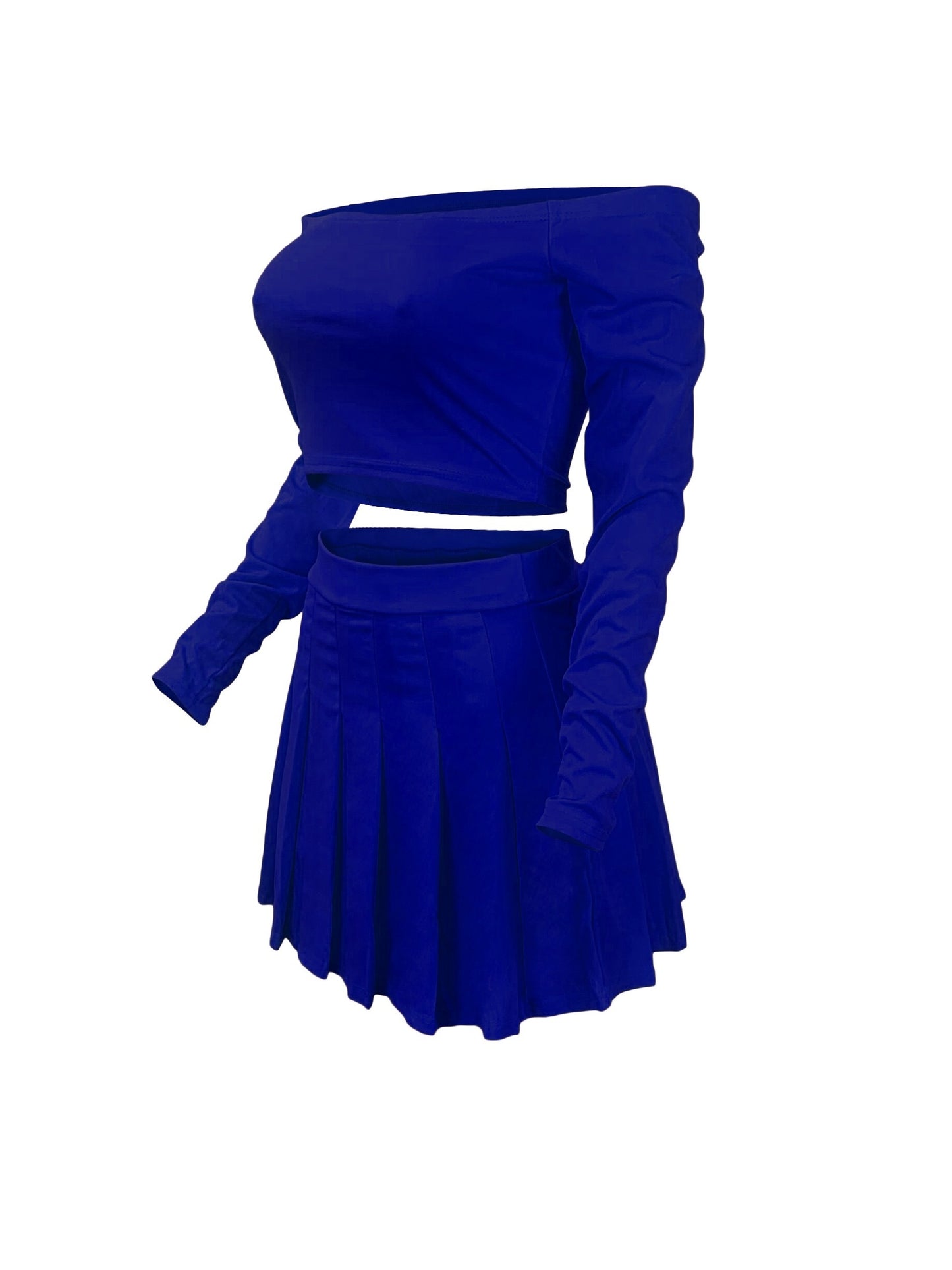 Solid Elegant Two-piece Set, Off Shoulder Long Sleeve Crop Top & Pleated Mini Skirt Outfits, Women's Clothing