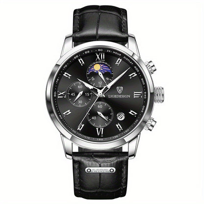 [LIGE Luxury Men Watch] LIGE Luxury Men Watch - PU Leather Chronograph Sport Quartz Wristwatch for Men - Christmas Gift