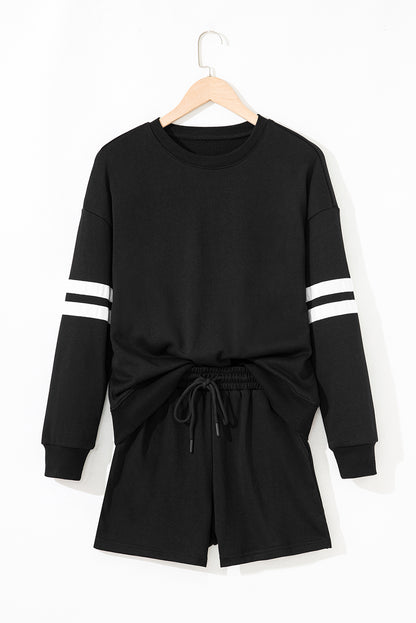 Black Varsity Striped Sleeve Drop Shoulder Sweatshirt and Short Set