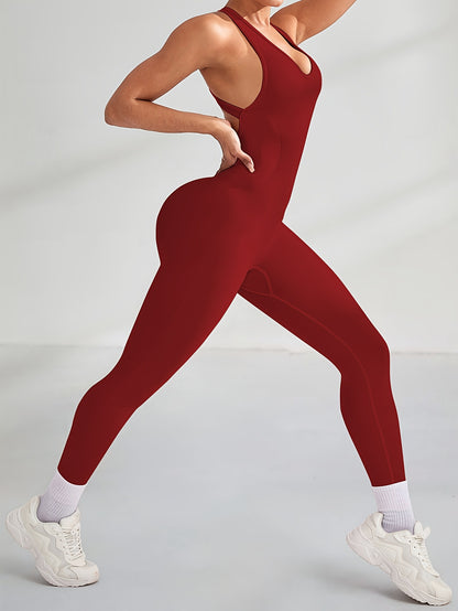 Women's High-Waisted Stretchy Yoga Jumpsuit - Smooth Knit Fabric, Solid Color, Long Sleeve, Round Neck, Machine Washable, Perfect for Sports & Fitness
