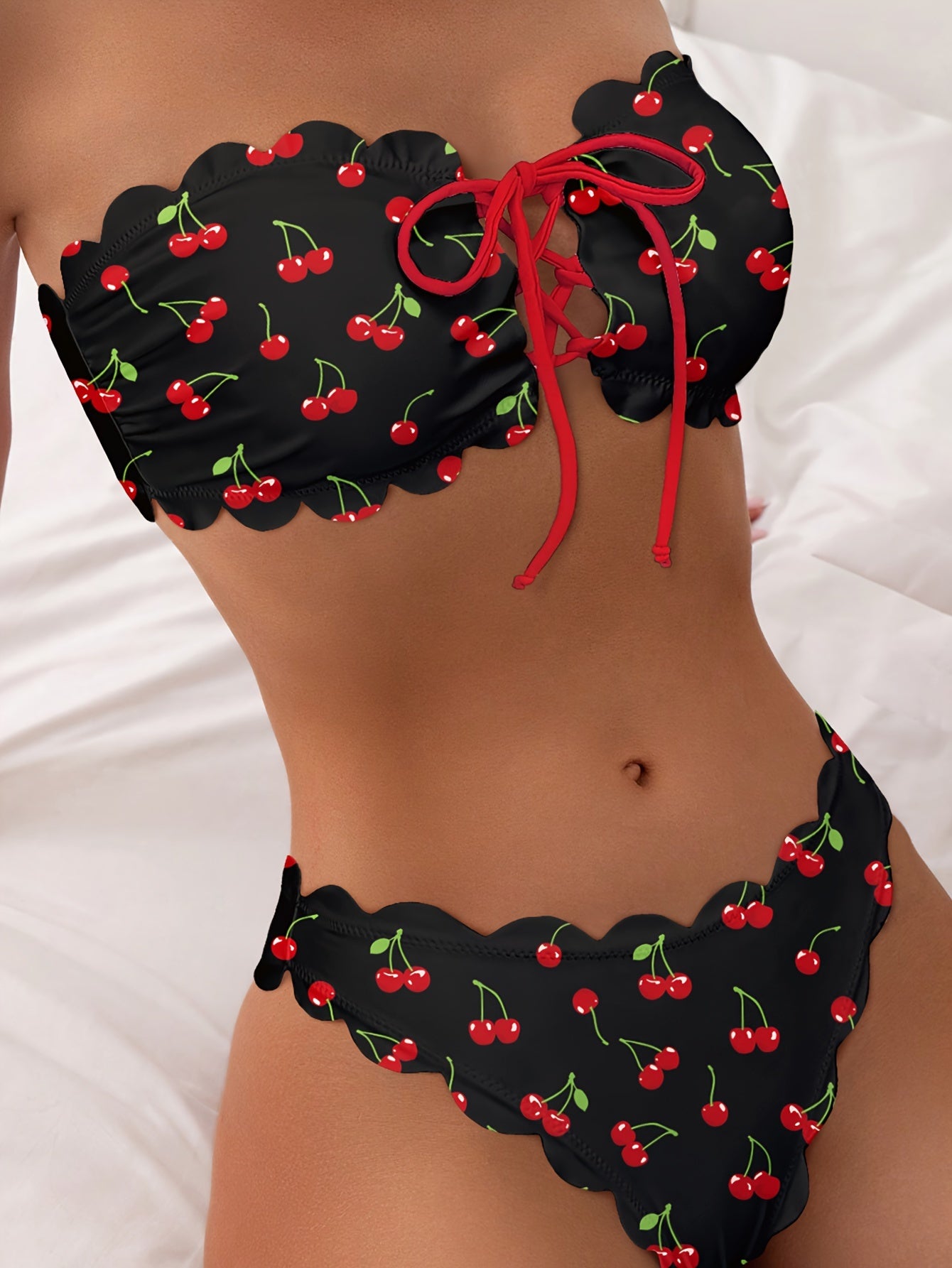 2 Piece Cherry Print Lace Up Scallop Trim Bandeau Strapless Bikini Set - High Stretch Polyester Swimsuit with Cross Strape, Random Fruit Print, and Hand Washable - Customized Knit Fabric Womens Swimwear