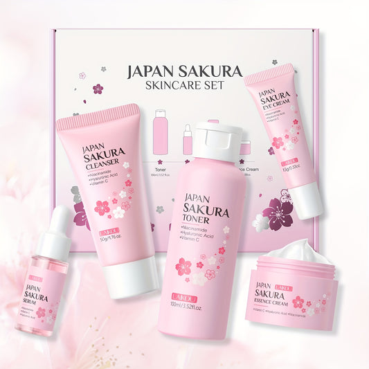 LAIKOU Cherry Blossom Five-Piece Set Gift Box Moisturizing & Hydrating Skincare Essence Cream, Face Care Kit, Gentle Cleanser, Toner, Eye Cream, Mask, Body Wash, Body Scrub, Body Lotion, Hand Cream, Lip Balm, Suitable for All