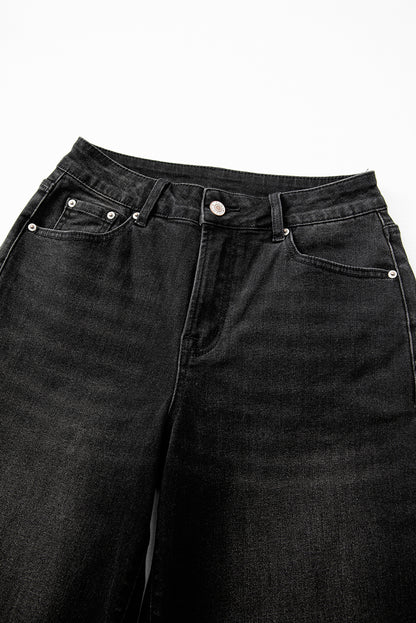 Black Raw Hem Unique Cuffs Straight High Rise Loose Jeans