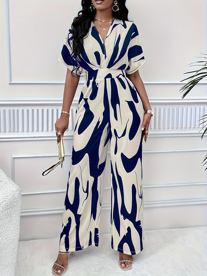 Chic V-Neck Jumpsuit - Allover Print, Short Sleeve, Wide-Leg Design for Sophisticated Casual Wear