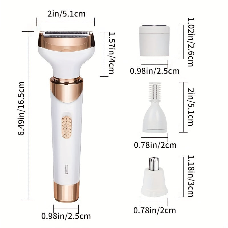 4-in-1 Women's Electric Razor - Wet & Dry Hair Remover For Pubic Hair, Eyebrow, Nose, Face, Legs, Underarms - Portable Bikini Trimmer - Rechargeable & Cordless - Gentle & Effective Hair Shaving