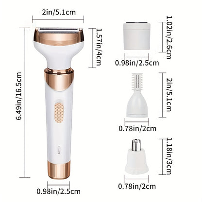 4-in-1 Women's Electric Razor - Wet & Dry Hair Remover For Pubic Hair, Eyebrow, Nose, Face, Legs, Underarms - Portable Bikini Trimmer - Rechargeable & Cordless - Gentle & Effective Hair Shaving
