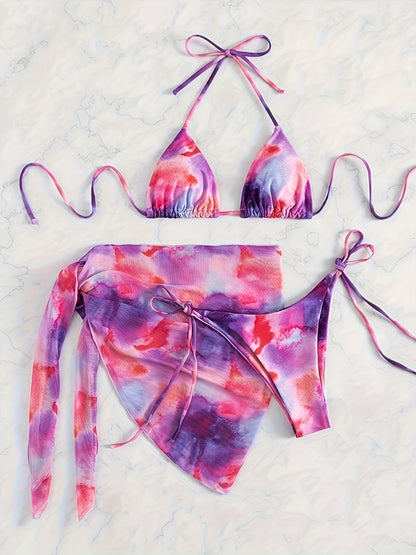 Vibrant Tie Dye Halter Bikini Set - Adjustable 3 Piece Swimwear with Backless Triangle Top & Flowy Cover Up Wrap for Women