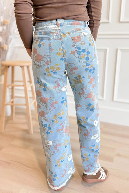 Sky Blue Floral Printed Raw Hem Shift Jeans