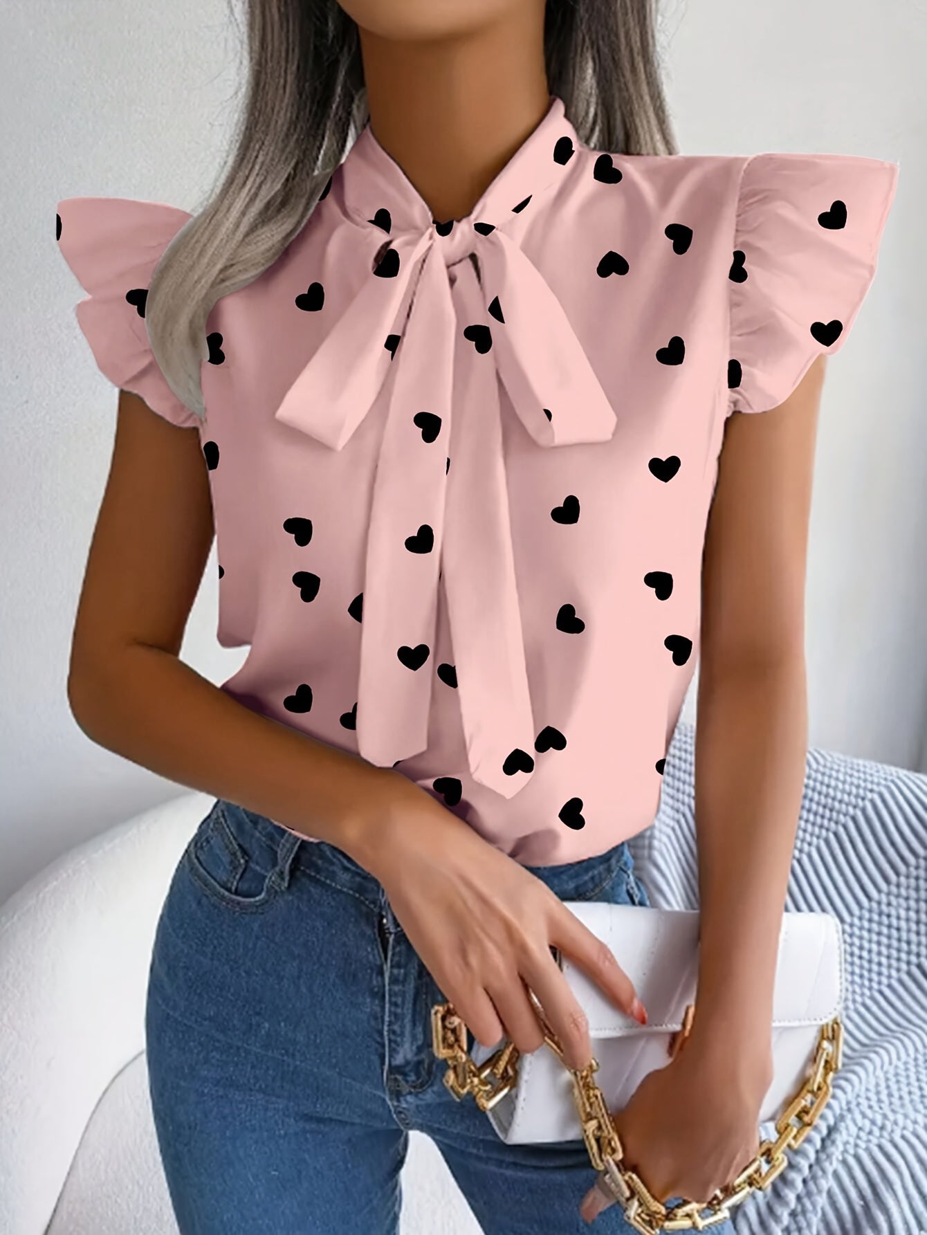 Heart Print Tie Neck Blouse, Casual Ruffle Trim Flutter Sleeve Top For Spring & Summer, Women's Clothing