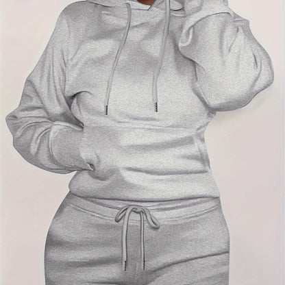 Solid Kangaroo Pocket Hoodie Without Pants, Casual Long Sleeve Drawstring Hoodies Sweatshirt, Women's Clothing