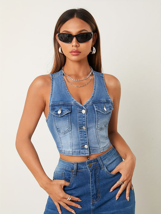 Stylish Sleeveless Denim Jacket Vest - Women's Clothing - Fashionable Streetwear, Button Closure, Washed Blue, Sexy, Summer Wear, Casual Outing, Versatile, Chic, and Trendy