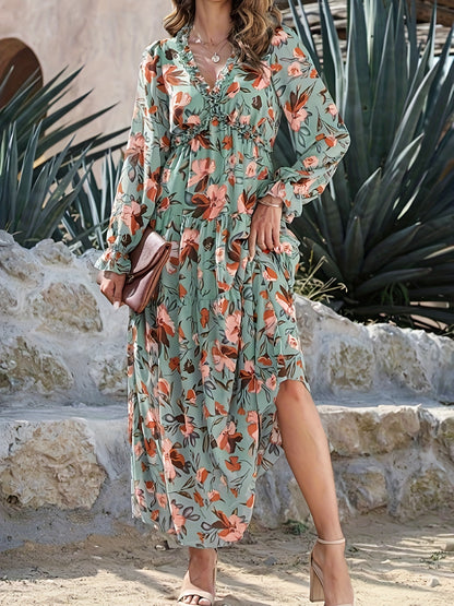 Lightweight Chiffon Floral Maxi Dress for Women - V-Neck, Long Sleeve, Layered Ruffle Hem, Bell-Bottom Maxi with Adjustable Waist Cincher, Perfect for Spring/Summer/Fall Vacations, Vacation Dress | Flowing Maxi Dress | Flowin