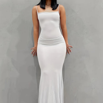 Elegant Solid Slip Lounge Dresses, Scoop Neck Bodycon Maxi Mermaid Dress, Women's Loungewear & Dresses