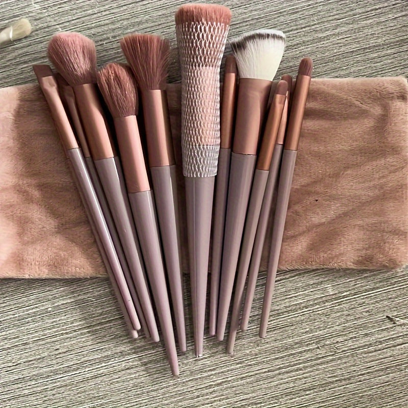 Luxurious 13pcs Golden Makeup Brush Set Includes Perfect Soft Pouch - Premium Pinkish Hue Cosmetic Implements with High-Quality Fibers for Flawless Application, Portable Case