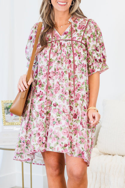 Pink Floral Split Neck Short Sleeve Loose Plus Size Mini Dress