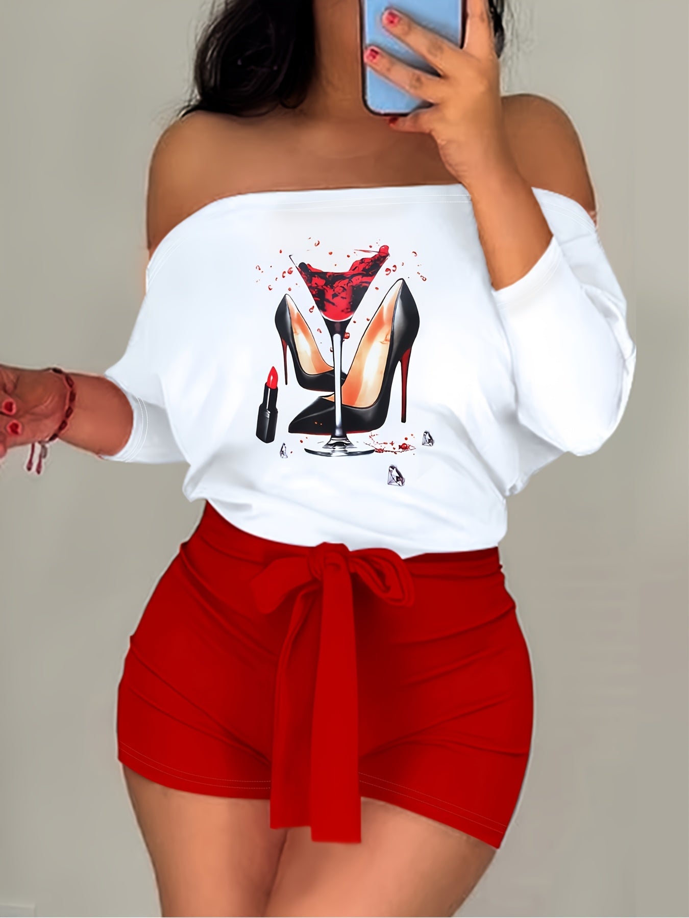 Women'S Off-Shoulder Rose Print Jumpsuit, Polyester Knit Fabric, 97% Polyester 3% Elastane, All-Season Short Romper with Tie Waist, Cartoon Pattern, 180g/m² - Adult Fashion