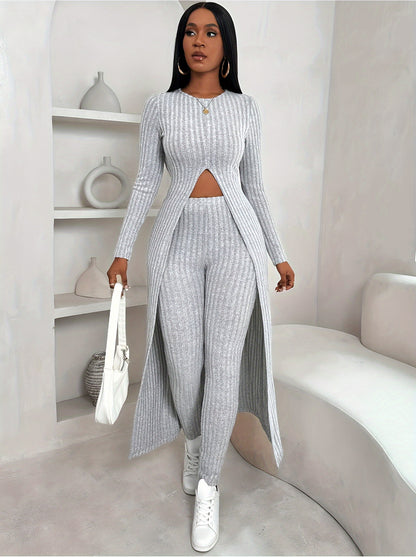 Chic Two-Piece Set for Women - Stylish Long Sleeve Crop Top & High-Waist Pants with Stretchy Polyester Fabric, Machine Washable, Comfortable, and Versatile for Daily Wear - Ideal for Office, Party, or Casual Outings