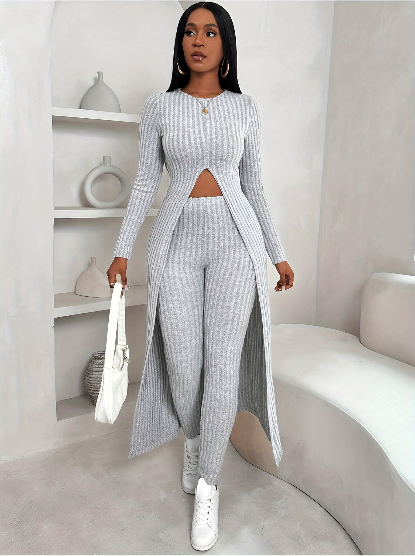 Chic Two-Piece Set for Women - Stylish Long Sleeve Crop Top & High-Waist Pants with Stretchy Polyester Fabric, Machine Washable, Comfortable, and Versatile for Daily Wear - Ideal for Office, Party, or Casual Outings
