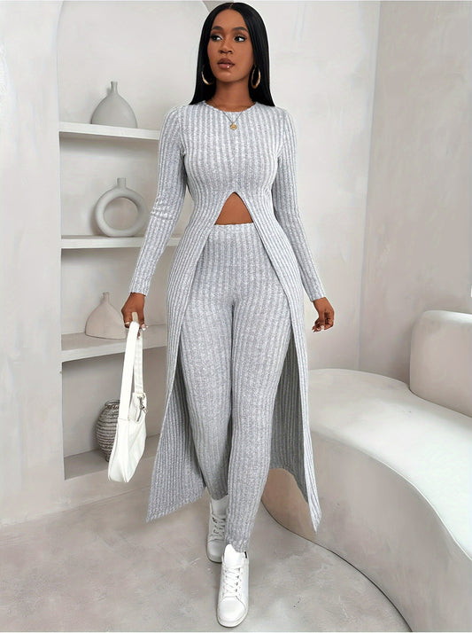 Chic Two-Piece Set for Women - Stylish Long Sleeve Crop Top & High-Waist Pants with Stretchy Polyester Fabric, Machine Washable, Comfortable, and Versatile for Daily Wear - Ideal for Office, Party, or Casual Outings