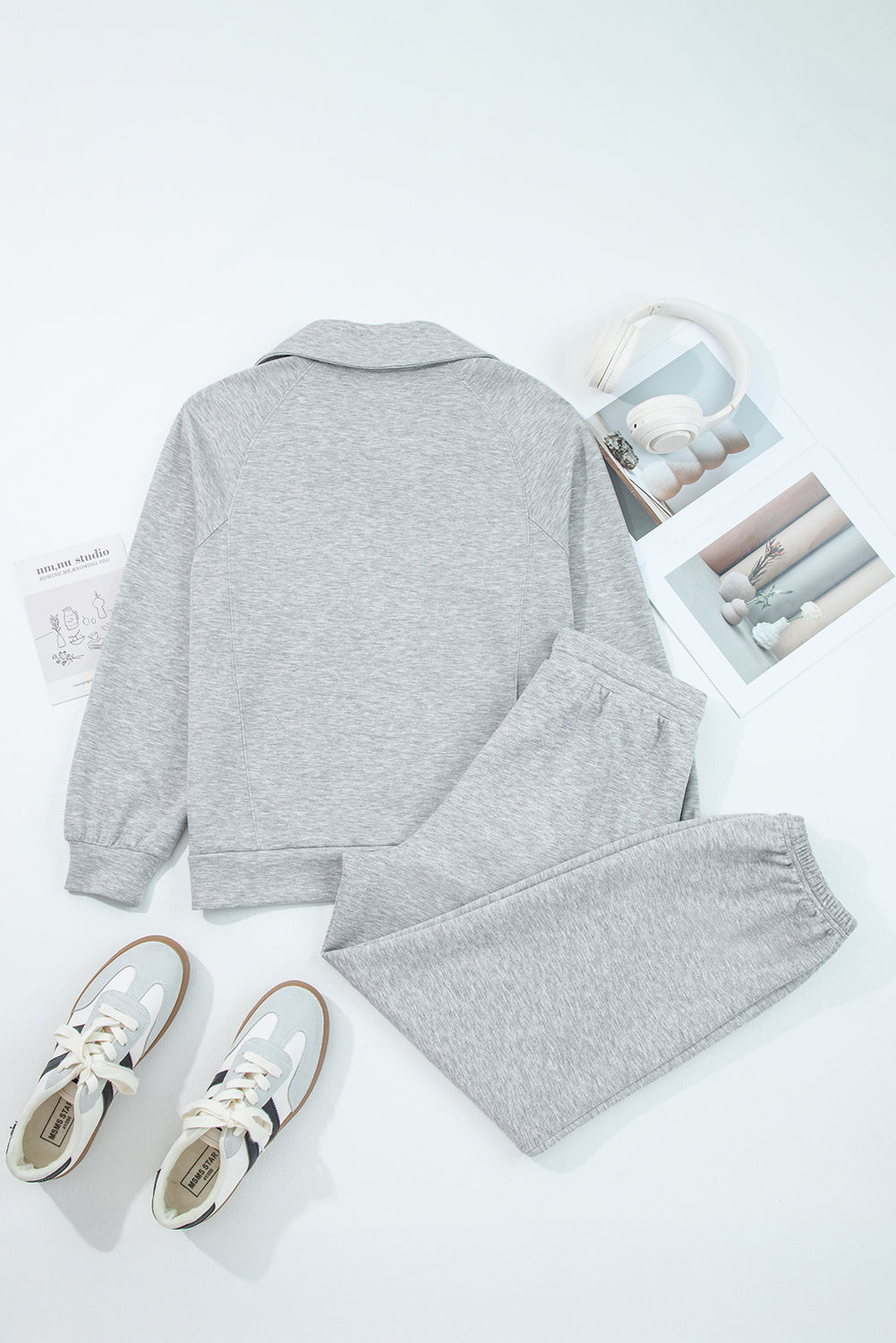 Light Grey Zip Collar Long Sleeve Top Drawstring Pants Set