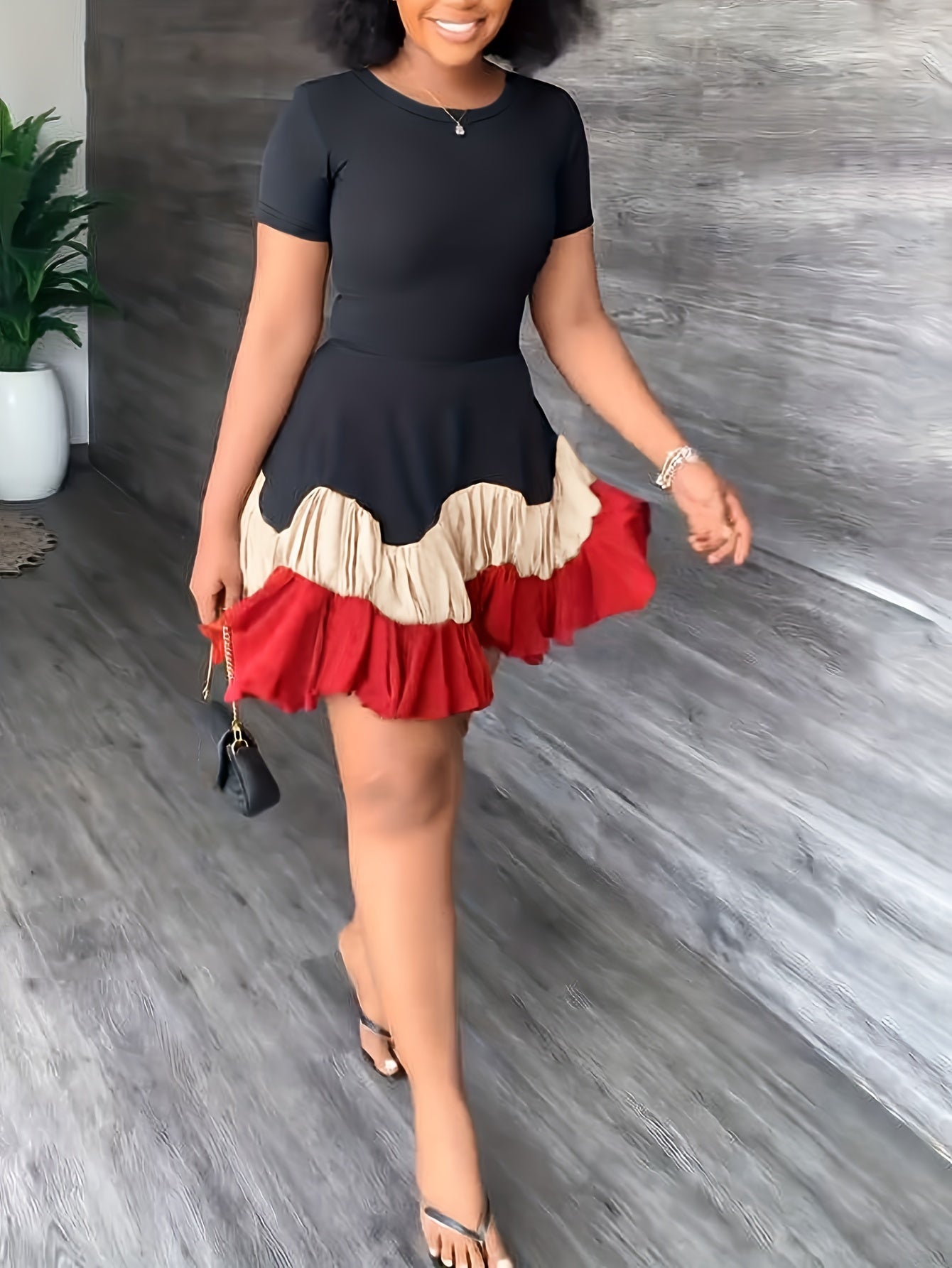 Women's Summer Color Block A-Line Dress - Black & Red Pleated Skirt, Breathable Short Sleeve, Machine Washable, Vacation & Casual Wear, Summer Fashion, Nontransparent Material
