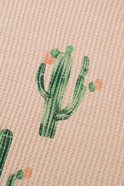 Light French Beige Cactus Forest Waffle Half Sleeve Tee Short Set