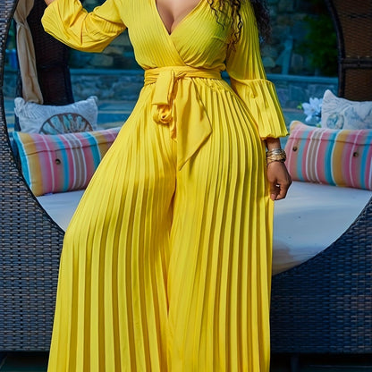 Women'S Stylish Yellow Pleated Jumpsuit with V-Neck and Tie Waist - Perfect for Spring/Summer/Fall, Polyester Fabric, Zipper Closure, Adult Casual Wear, Casual Wear Jumpsuit | Pleated Design Jumpsuit | Vibrant Jumpsuit, Jumps