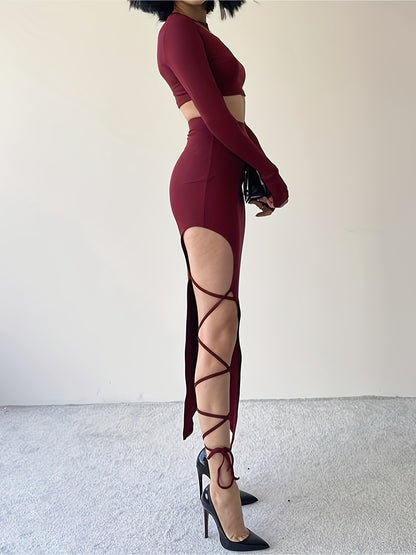 Sexy Two-Piece Outfit Set - Long Sleeve Crew Neck Slim Fit Crop Top & High Waist Asymmetrical Split Thigh Skirt - Women's Comfortable Bodycon Clothing for Daily Wear, Party, Date Night, and Special Occasions