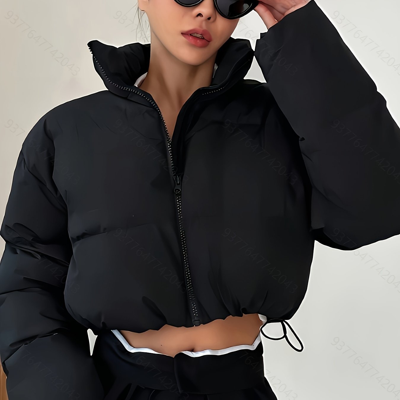 [Warm Puffer Jacket] Warm Women's Puffer Jacket | Cropped, Long Sleeve, Solid Color Black, Nylon Outerwear with Drawstring & Zipper, Machine Washable, Glossy Finish, Fashion Commute Style, Winter Jacket