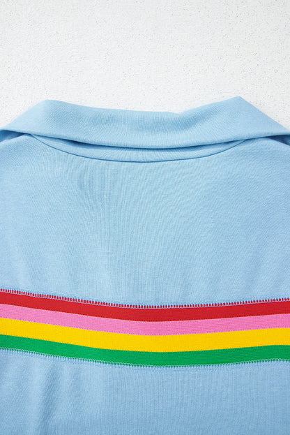 Sky Blue Rainbow Colorblock Collared Short Sleeve Top 2 Piece Shorts Set