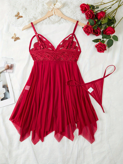 Seductive Floral Lace Slip Nightdress - Sheer Mesh, Adjustable Straps, Asymmetric Hem - Backless V Neck Mini Dress with Matching Thongs - Soft, Breathable Womens Sleepwear Set