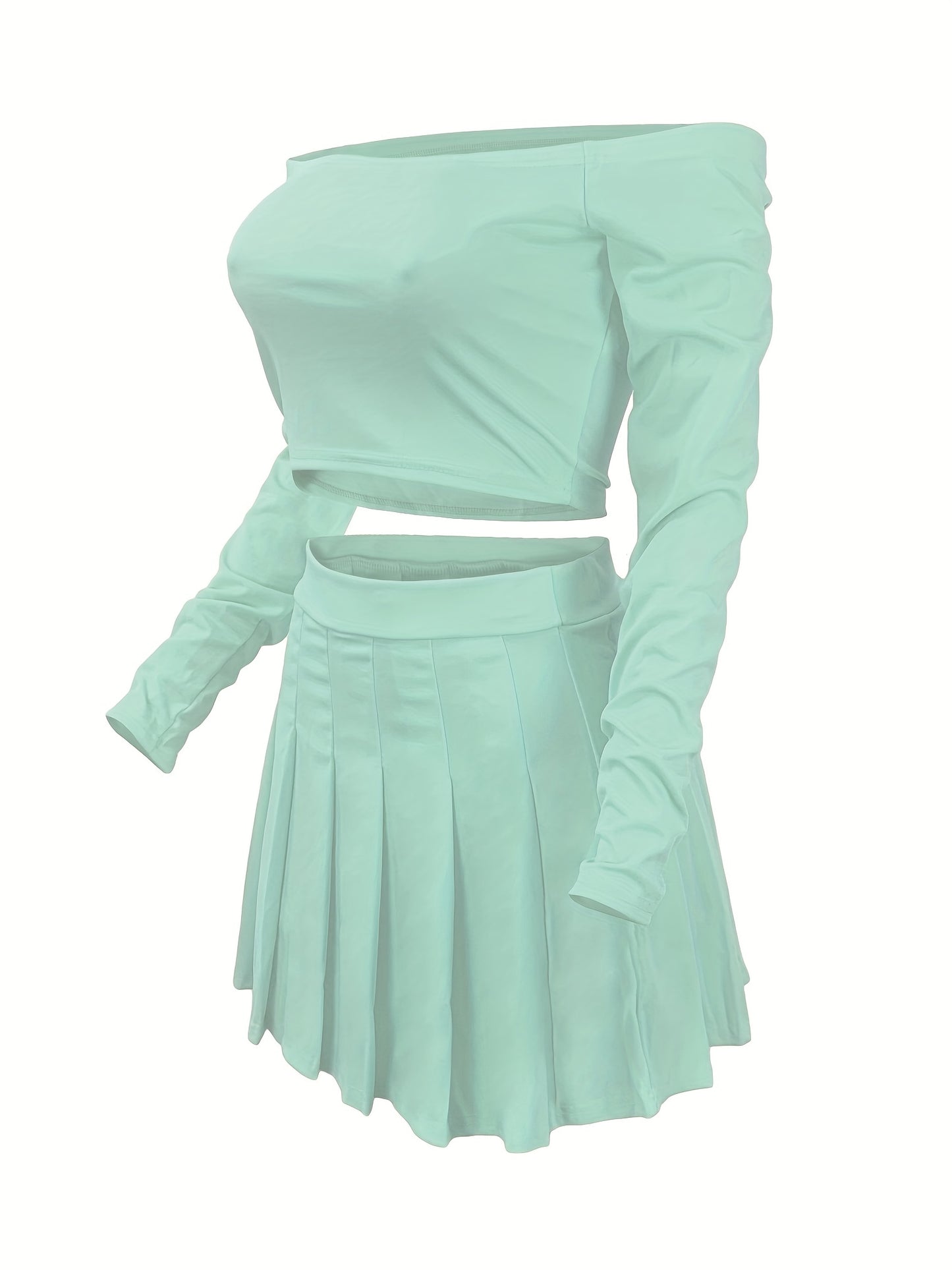 Solid Elegant Two-piece Set, Off Shoulder Long Sleeve Crop Top & Pleated Mini Skirt Outfits, Women's Clothing