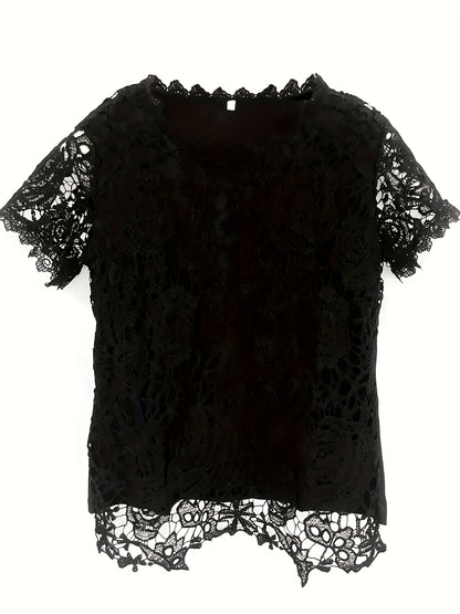 Solid Lace Short Sleeve Top, Versatile Blouse For Spring & Summer, Women's Clothing
