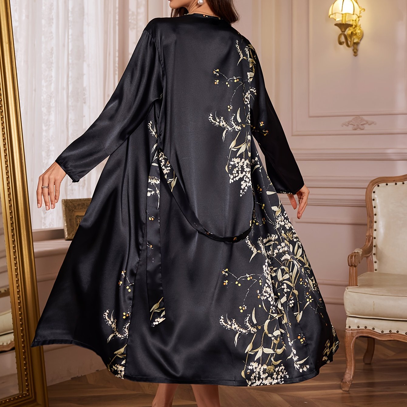 Women's Fashion Sleepwear, Long Sleeve Satin Robe with Cherry Print, V-Neck, Breathable Summer Bath Robe, Home Loungewear, Polyester, Adult Size, Woven Fabric