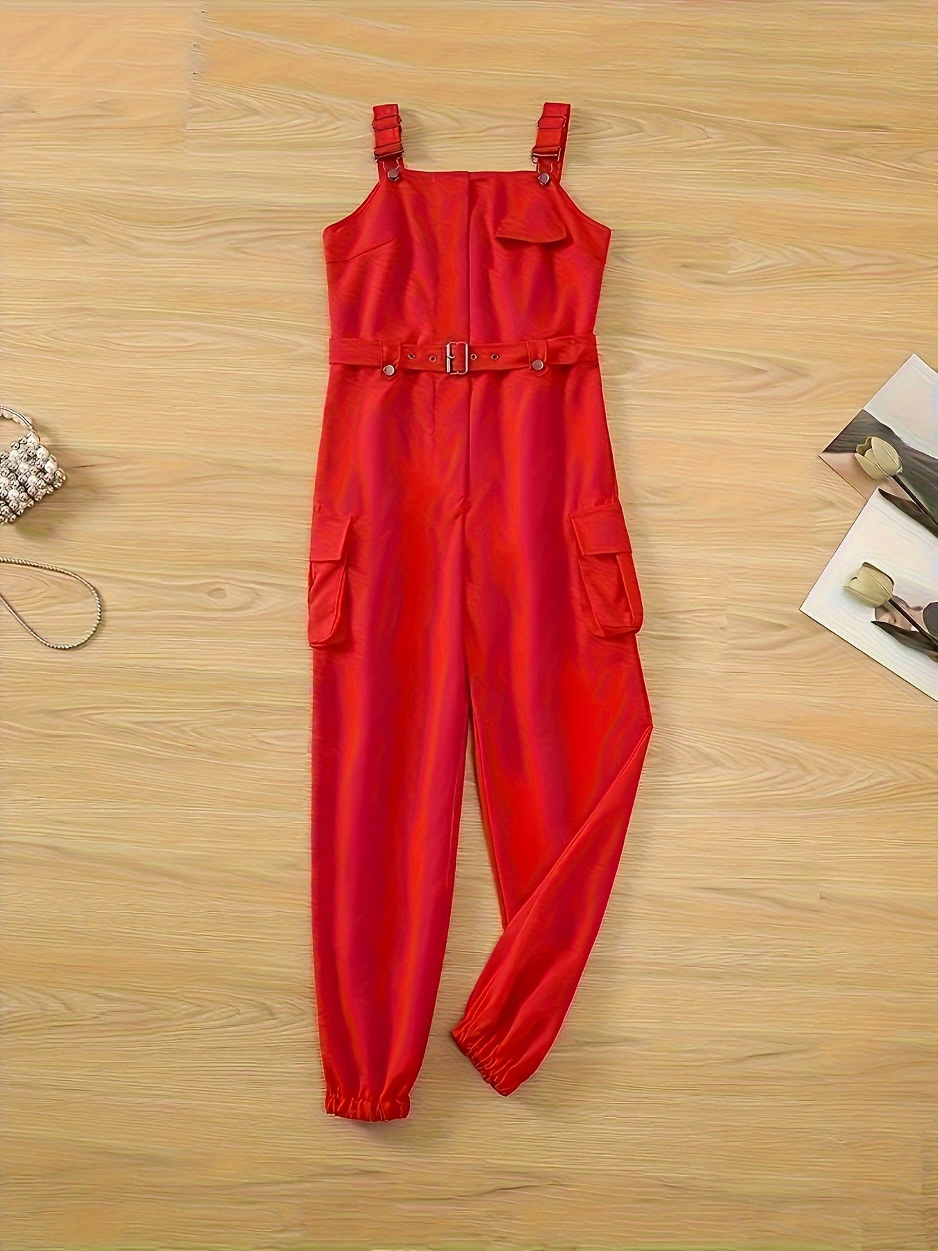 Solid Flap Pocket Belted Overall Jumpsuit, Casual Buckle Detail Loose Jumpsuit, Women's Clothing